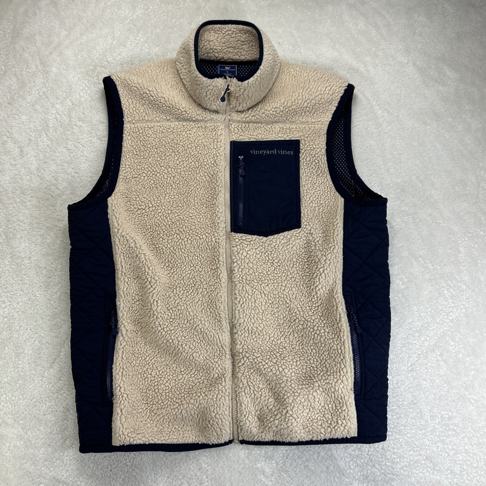 Vineyard Vines Vest Mens Large Beige Sherpa Fleece Full Zip Quilted Outdoor